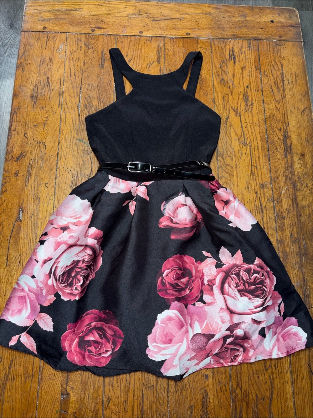 Crystal Doll Black Dress with Pink Rose Print